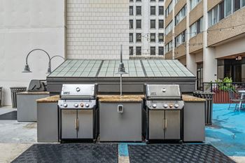 Grills and picnic area at Kellogg Square in Saint Paul, MN 55101